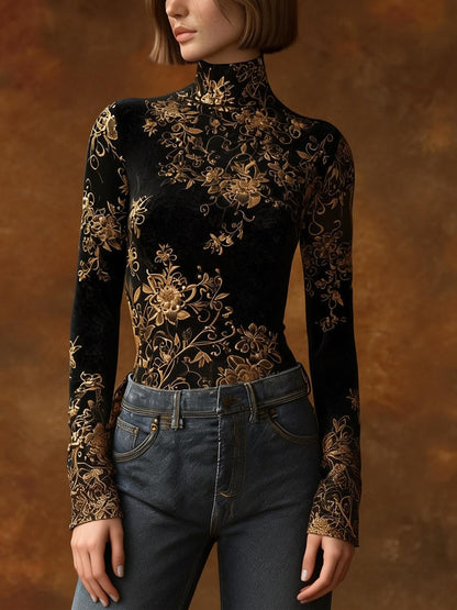 Long Sleeves Skinny Contrast Color Flower Print Split-Joint High Neck Blouses&Shirts Tops
