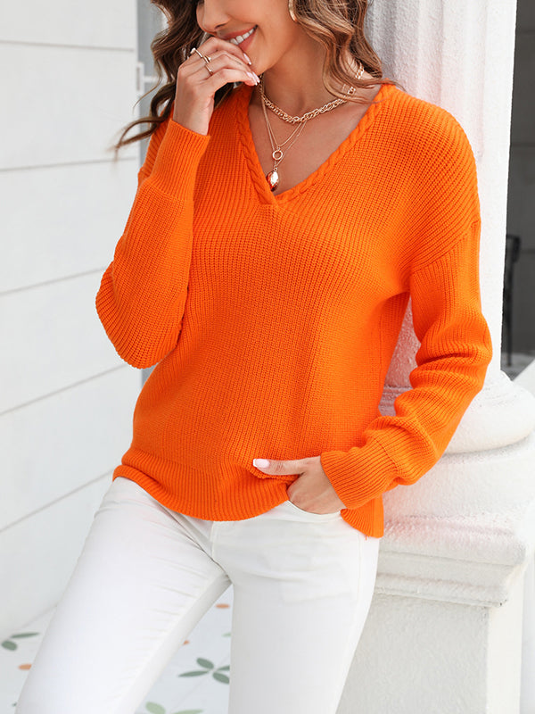 Long Sleeves Loose Solid Color V-Neck Knitwear Pullovers Sweater Tops