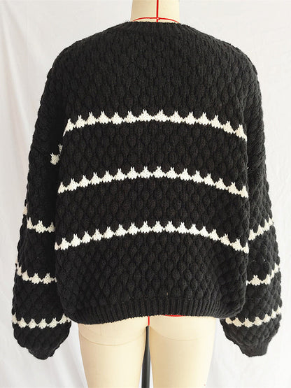 Loose Puff Sleeves Split-Joint Round-Neck Sweater Tops