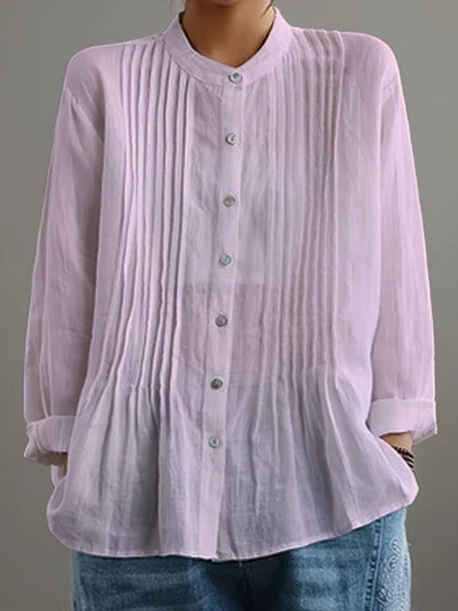 Long Sleeves Loose Buttoned Pleated Solid Color Round-Neck Blouses&Shirts Tops