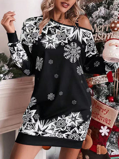 Bodycon Long Sleeves Contrast Color Printed Split-Joint One-Shoulder Midi Dresses