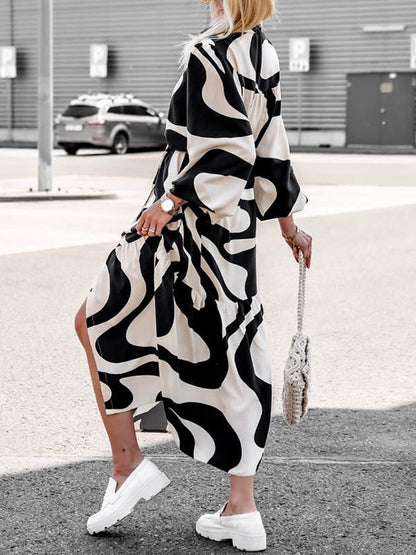 Long Sleeves Loose Contrast Color Pleated Printed Split-Joint Tied Waist Lapel Shirt Dress