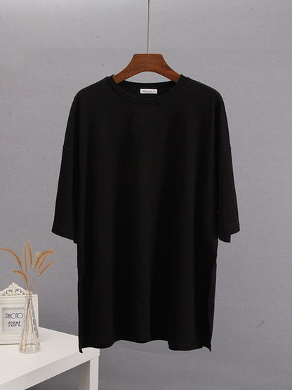 Loose Short Sleeves Solid Color Split-Side Round-Neck T-Shirts Tops