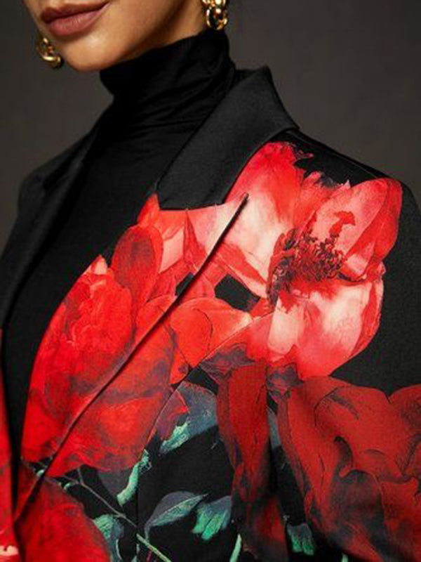 Long Sleeves Loose Asymmetric Floral Printed Split-Joint Lapel Blazer Suit Outerwear