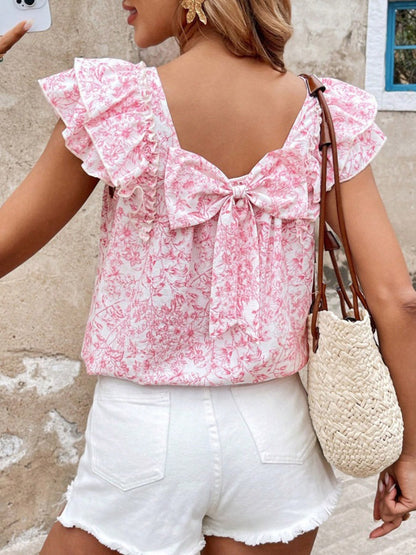 Ruffle Sleeves Short Sleeves Backless Bow-Embellished Flower Print Pleated Square-Neck Blouses&Shirts Tops