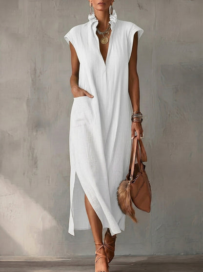 Loose Sleeveless Pockets Ruffle Trim Solid Color Split-Side Stand Collar Midi Dresses