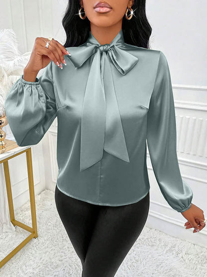 Long Sleeves Loose Bow-Embellished Pleated Solid Color Split-Joint Scarf Collar Blouses&Shirts Tops
