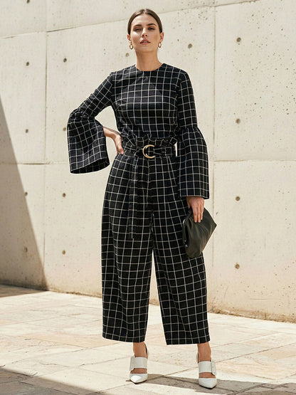 Flared Sleeves Long Sleeves Contrast Color Plaid Split-Joint Round-Neck Blouses&Shirts Tops