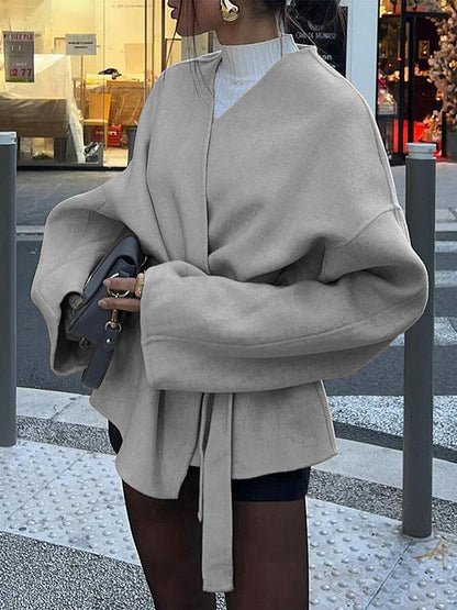 Long Sleeves Loose Solid Color Tied Waist V-Neck Outerwear