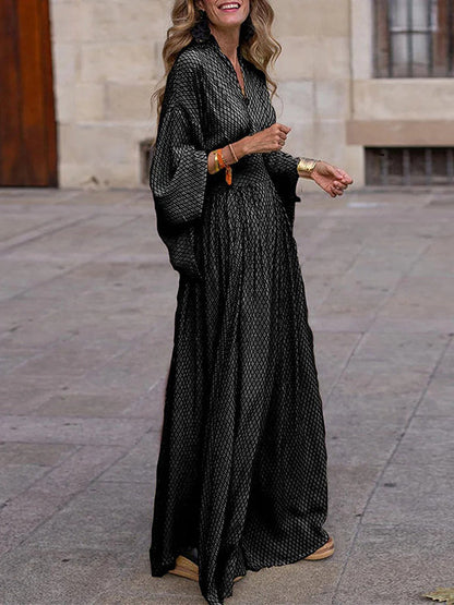 Raglan Sleeve Pleated Split-Joint V-Neck Maxi Dresses