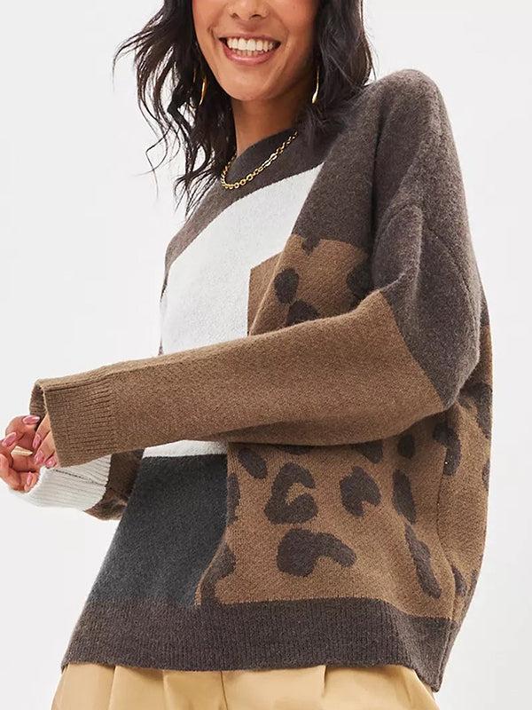 Long Sleeves Loose Contrast Color Leopard Split-Joint Round-Neck Pullovers Sweater Tops