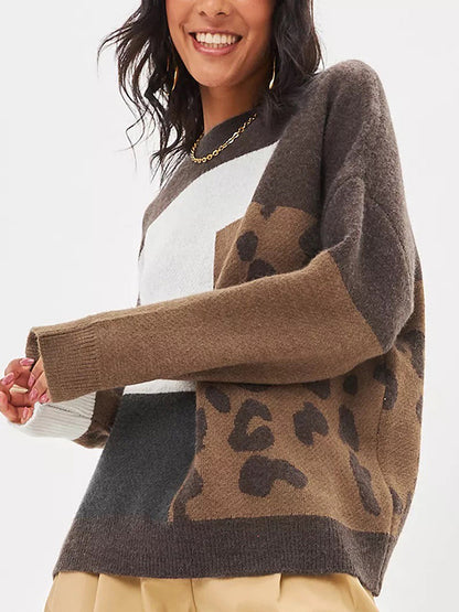 Long Sleeves Loose Contrast Color Leopard Split-Joint Round-Neck Pullovers Sweater Tops