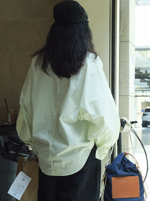 Casual Loose Puff Sleeves Solid Color Lapel Blouses