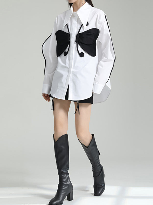 Long Sleeves Loose Butterfly Shape Buttoned Lapel Blouses&Shirts Tops