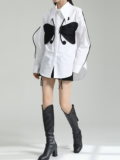 Long Sleeves Loose Butterfly Shape Buttoned Lapel Blouses&Shirts Tops