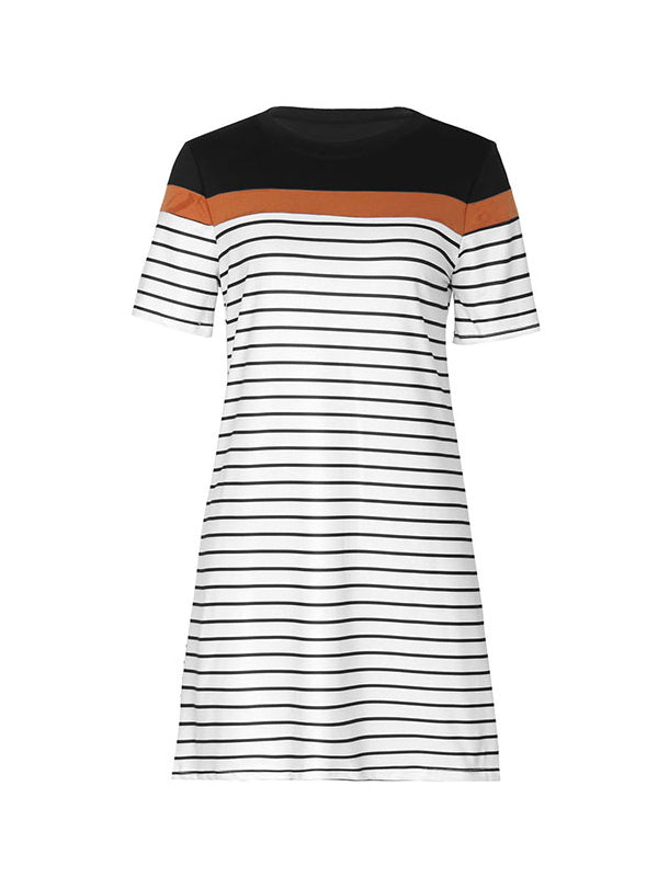 Loose Short Sleeves Contrast Color Striped Round-Neck Mini Dresses