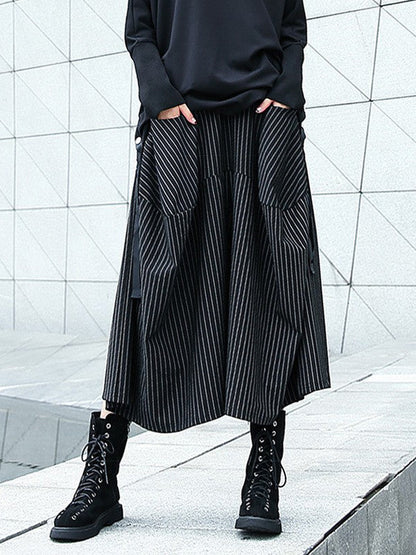 High Waisted Loose Elasticity Pockets Striped Culotte Pants
