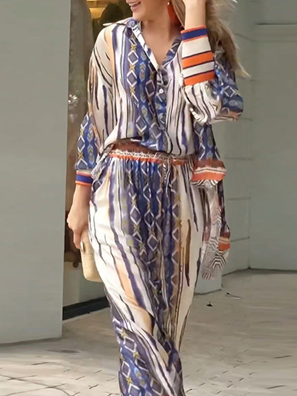 Long Sleeves Loose Printed Lapel Blouses Tops + Drawstring Pockets Pants Bottom Two Pieces Set