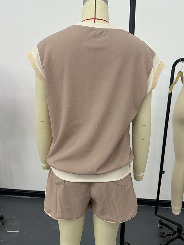 Contrast Color Short Sleeves Round-Neck T-Shirt + Elasticity Shorts Two Pieces Set