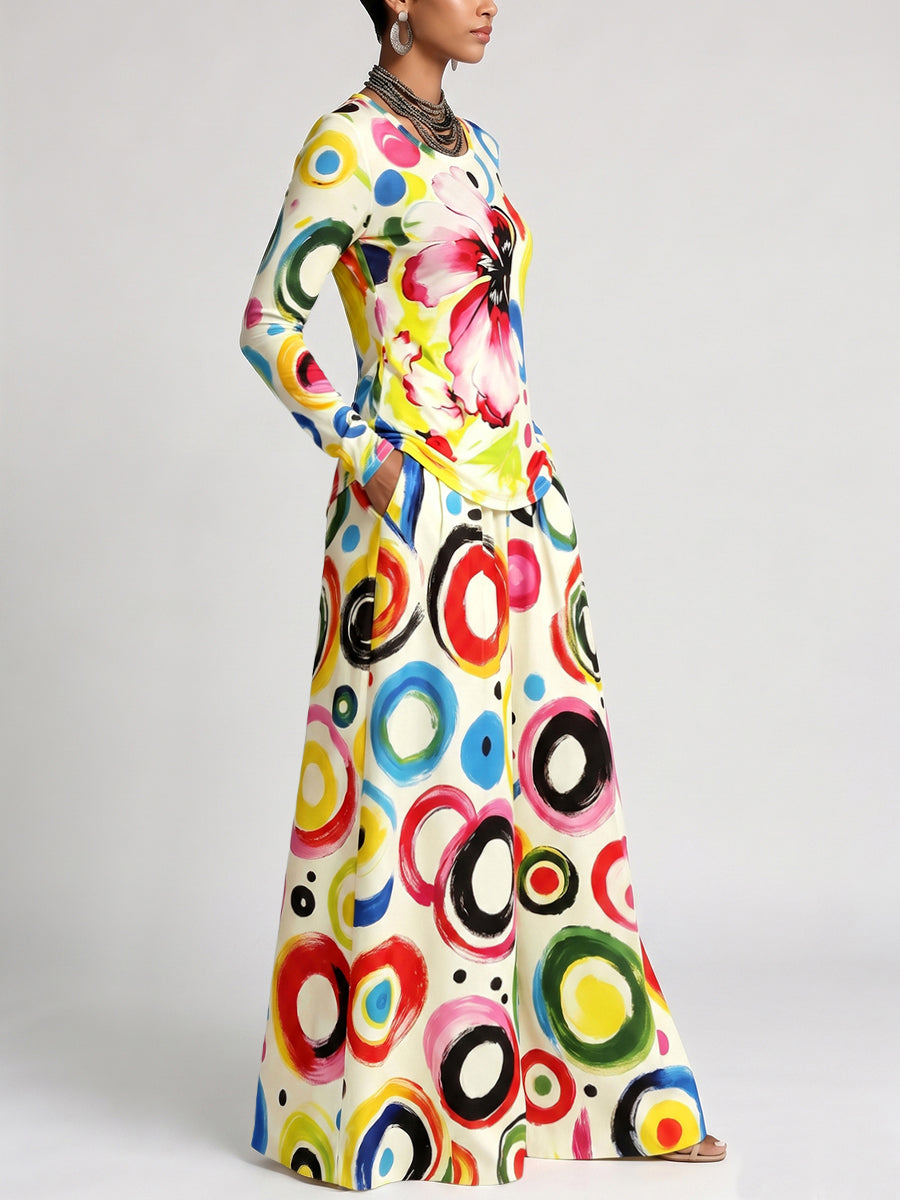 Printed Polka-Dot Pockets Elasticity Colorful Wide Leg Loose Trousers Pants