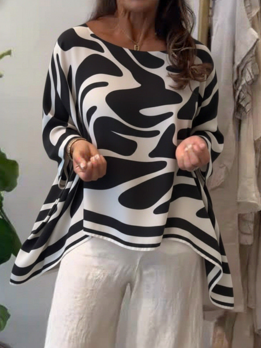 High-Low Irregularity Contrast Color Printed Round-Neck Blouses&Shirts Tops