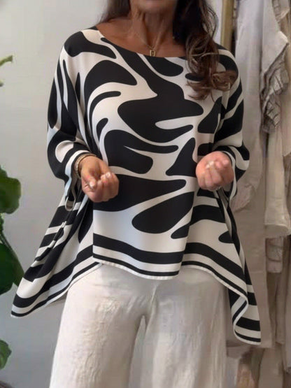 High-Low Irregularity Contrast Color Printed Round-Neck Blouses&Shirts Tops