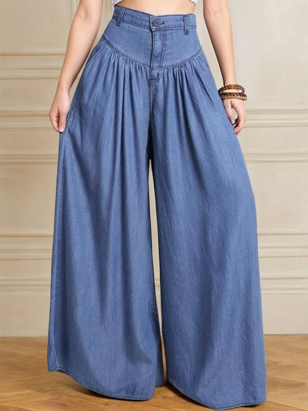 Loose Wide Leg Buttoned Solid Color Zipper Jean Pants Bottoms Trousers