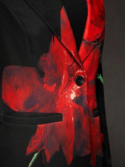 Long Sleeves Loose Asymmetric Floral Printed Split-Joint Lapel Blazer Suit Outerwear