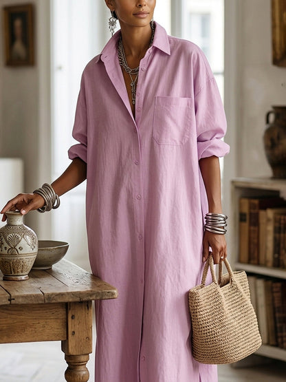 Long Sleeves Loose Buttoned Pockets Solid Color Lapel Maxi Dresses Shirt Dress