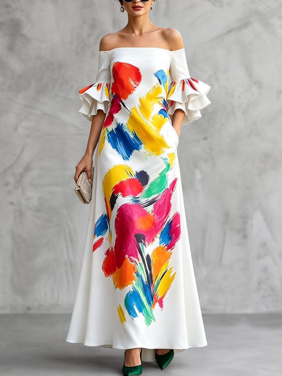 Zipper Printed Pockets Elasticity Contrast Color Ruffle Sleeves Half Sleeves Off-the-shoulder Maxi Dresses