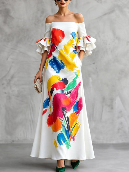 Zipper Printed Pockets Elasticity Contrast Color Ruffle Sleeves Half Sleeves Off-the-shoulder Maxi Dresses
