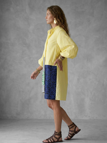 High-Low Long Sleeves Asymmetric Buttoned Contrast Color Printed Split-Joint Striped Lapel Mini Dresses Shirt Dress