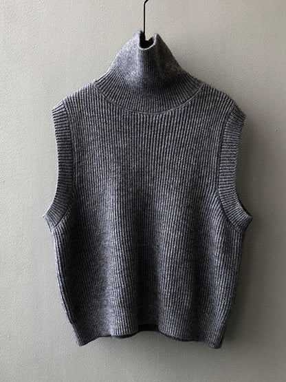 Casual Loose Sleeveless Solid Color High-Neck Sweater Vest Outerwear
