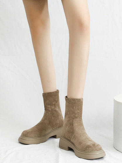 Chunky Shoes Round-Toe Split-Joint Velvet Boots