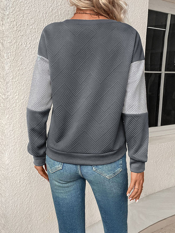 Long Sleeves Loose Contrast Color Split-Joint Round-Neck Sweatshirt Tops