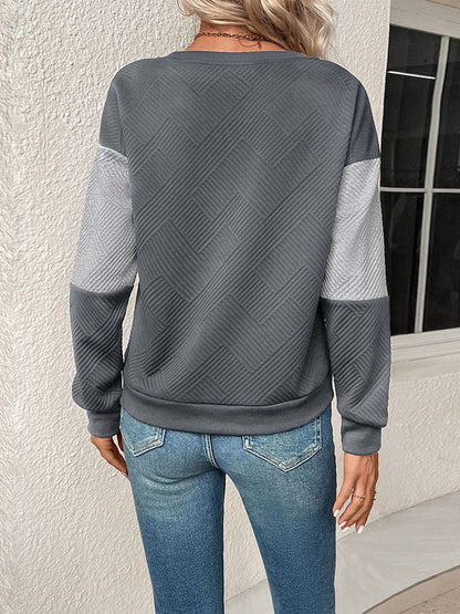 Long Sleeves Loose Contrast Color Split-Joint Round-Neck Sweatshirt Tops