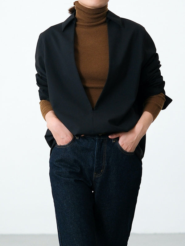 Long Sleeves Loose Solid Color Deep V-Neck Blouses&Shirts Tops