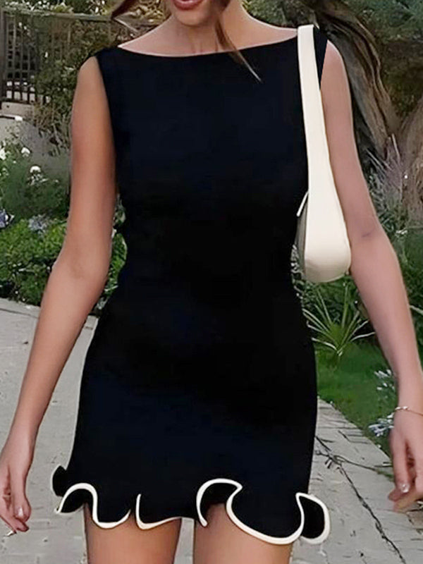 High Waisted Sleeveless Ruffle Trim Solid Color Round-Neck Mini Dresses