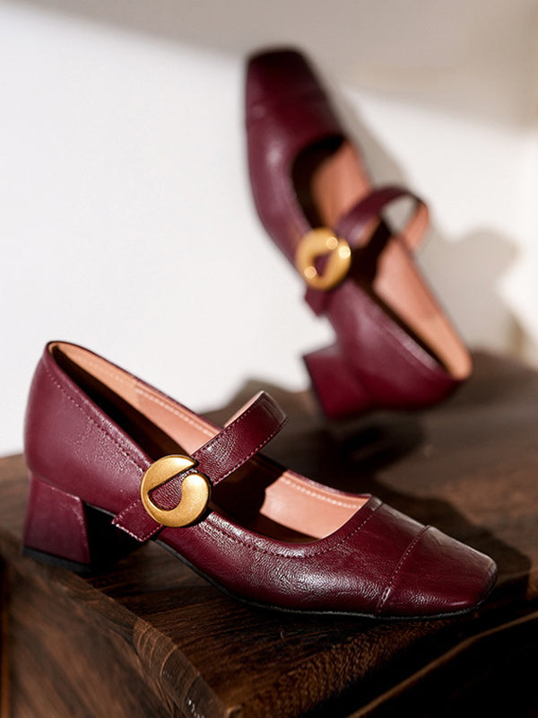 Belt Buckle Shallow Cut Split-Joint Square-Toe Pumps