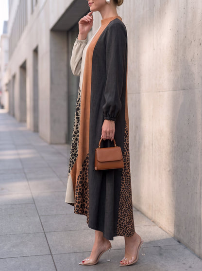 Zipper Split-Joint Leopard Elasticity Contrast Color Loose Long Sleeves Round-neck Maxi Dresses
