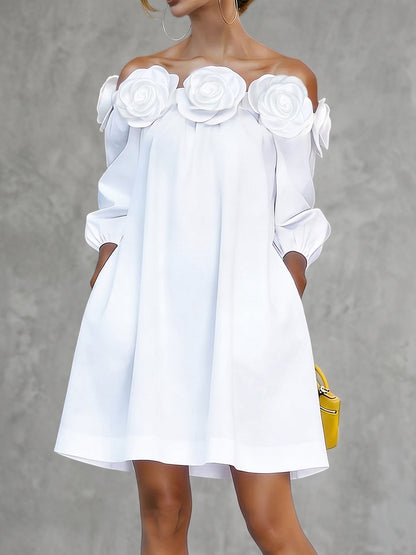 Half Sleeves Loose Pockets Solid Color Three-Dimensional Flower Off-The-Shoulder Mini Dresses