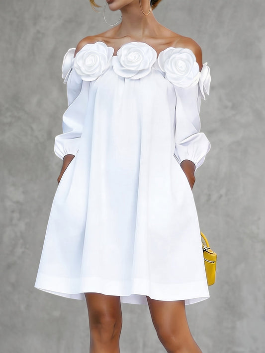 Half Sleeves Loose Pockets Solid Color Three-Dimensional Flower Off-The-Shoulder Mini Dresses