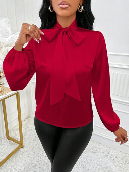 Long Sleeves Loose Bow-Embellished Pleated Solid Color Split-Joint Scarf Collar Blouses&Shirts Tops