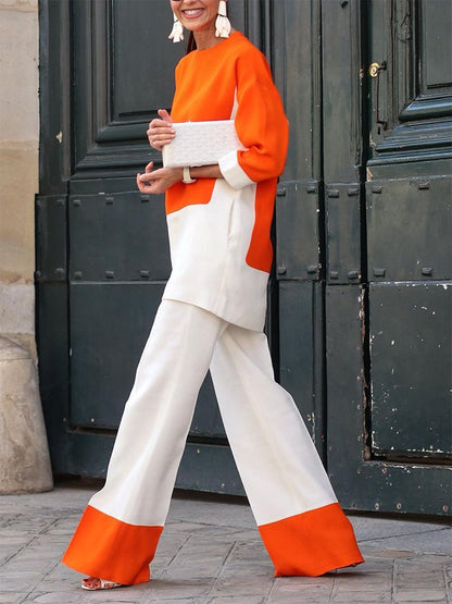 Loose Three-Quarter Sleeves Contrast Color Round-Neck T-Shirt Tops&Pants Two Pieces Set
