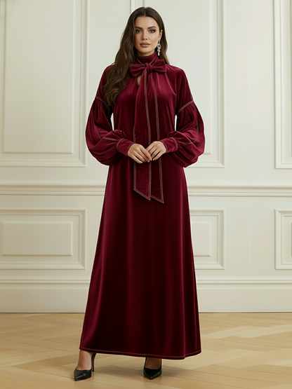 A-Line Long Sleeves Bow-Embellished Pleated Solid Color Split-Joint High Neck Maxi Dresses
