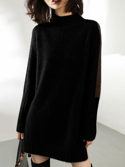Loose Long Sleeves Contrast Color Half Turtleneck Sweater Dresses