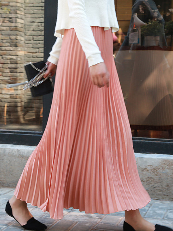 Stylish Pleated Solid Color Elastic Waist Skirts