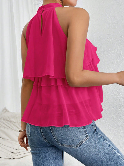 Sleeveless Hollow Ruffle Trim Solid Color Split-Joint Halter-Neck Tank Top
