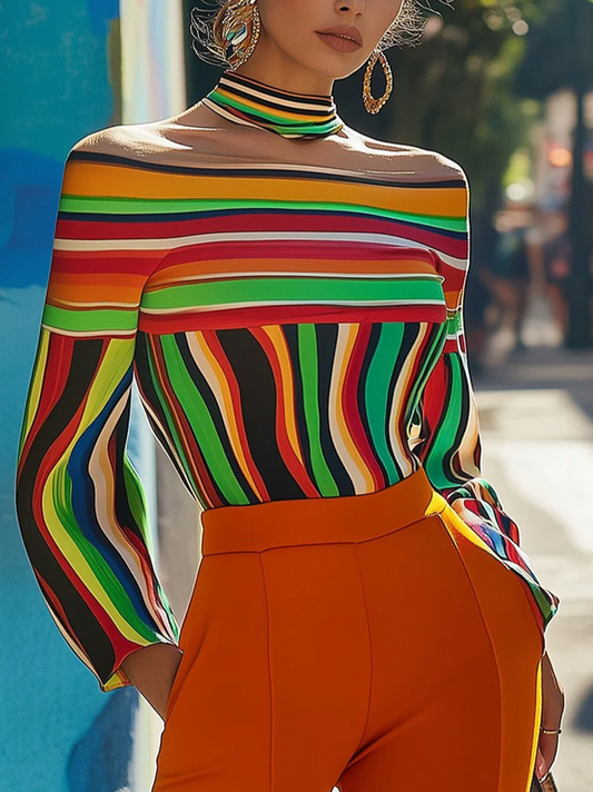 Long Sleeves Loose Contrast Color Striped Halter-Neck T-Shirts Tops