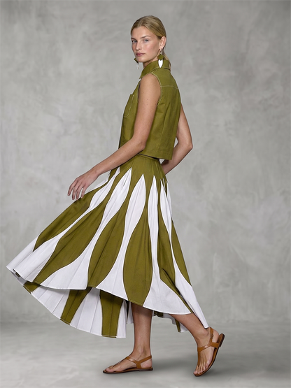 A-Line High Waisted Contrast Color Pleated Printed Skirts Bottoms